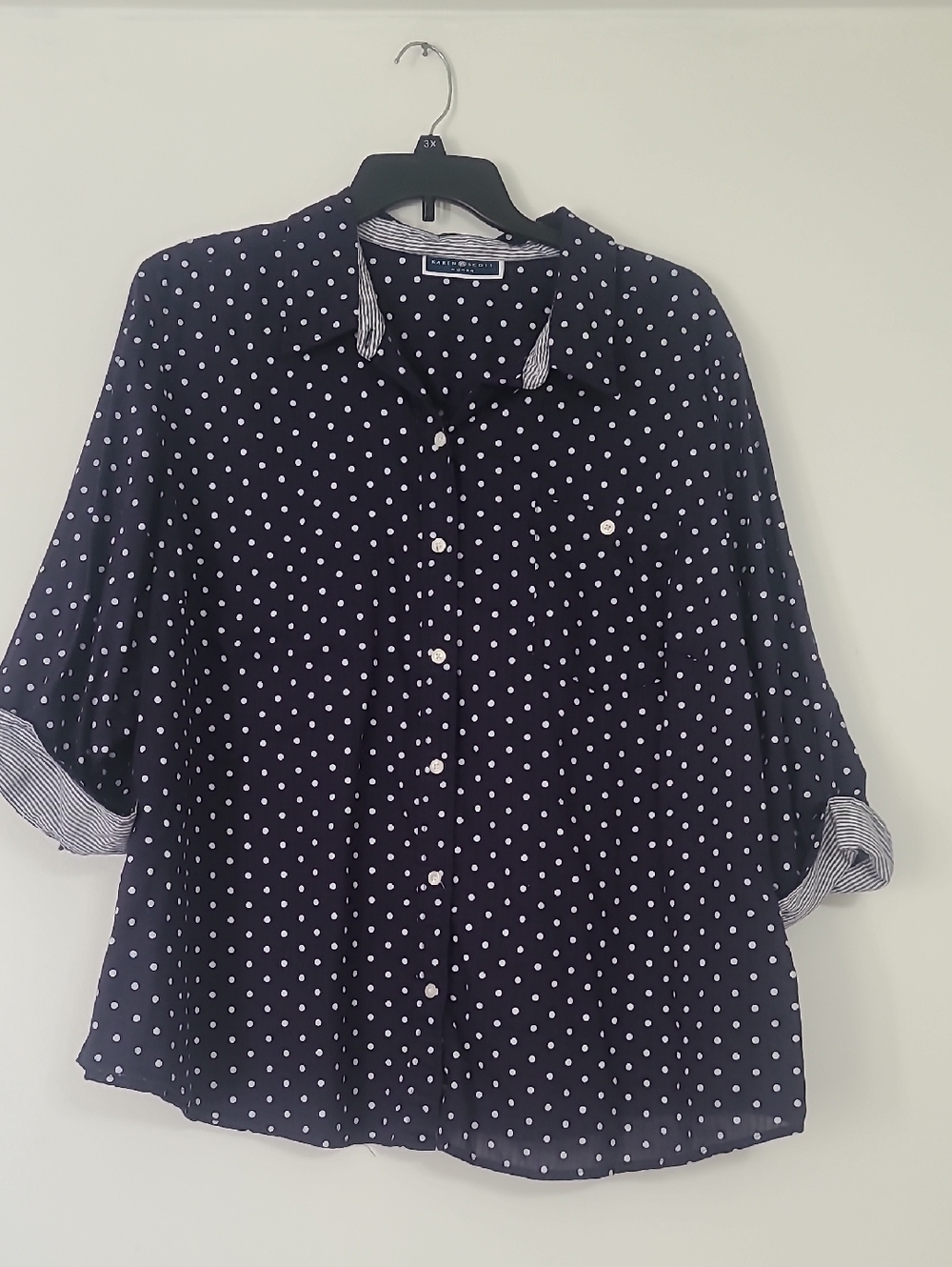 Karen Scott Navy and White Polka Dot Button-Down Shirt